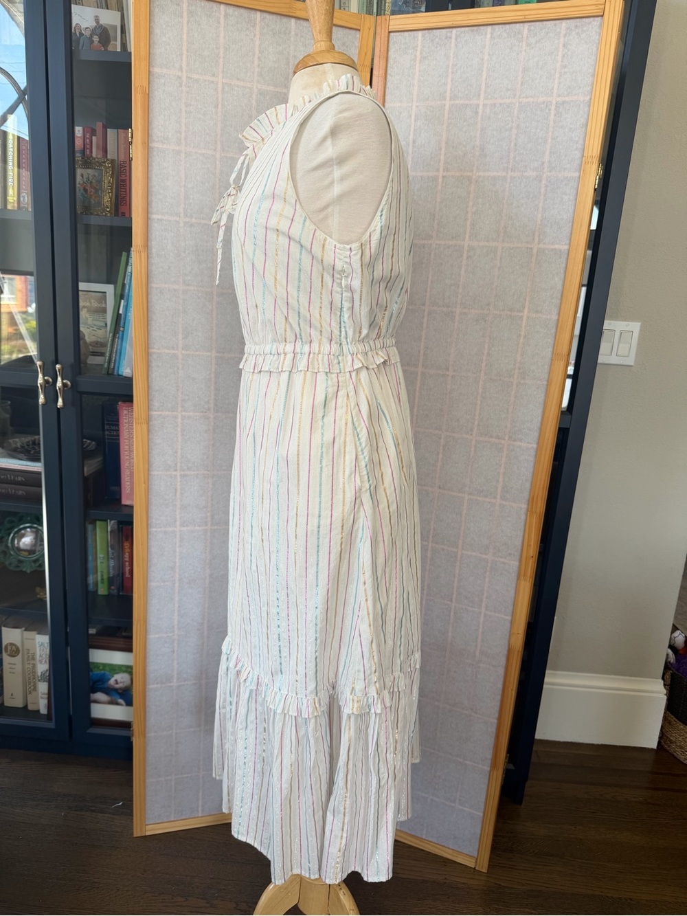 J. Crew White Midi Dress with Metallic Pastel Stripes - Picture 5 of 7
